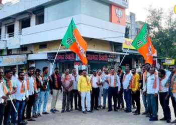 विजयाचा जल्लोष करताना अमोल शिंदे यांच्यासह भाजप पदाधिकारी व कार्यकर्ते