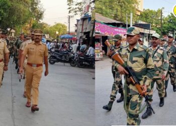 पाचोरा शहरात लोकसभा निवडणूक व रमजान महिन्याच्या निमित्त पोलिसांचा बीएसफच्या जवानांसह रूटमार्च