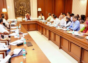 Chief Minister Devendra Fadnavis speaking at a special review meeting of senior officers held in the Committee Hall at Vidhan Bhavan
