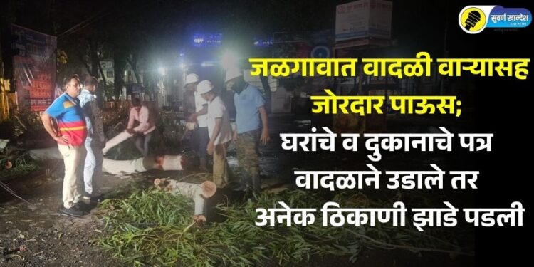 जळगावात वादळी वाऱ्यासह जोरदार पाऊस; घरांचे व दुकानाचे पत्र वादळाने उडाले तर अनेक ठिकाणी झाडे पडली