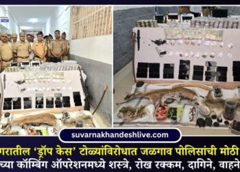 VIDEO | मुक्ताईनगरातील ‘ड्रॉप केस’ टोळ्यांविरोधात जळगाव पोलिसांची मोठी कारवाई; पहाटेच्या कॉम्बिंग ऑपरेशनमध्ये शस्त्रे, रोख रक्कम, दागिने, वाहने जप्त